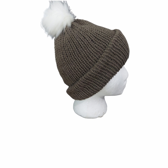 Hand Knit Brown Beanie Faux Fur Pom - Picture 3 of 6
